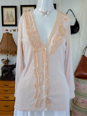 Coquette cute feminine girly ruffle rosette trim light peach cotton cardigan